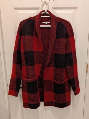 Alfred Sung Red & Black Bouclé Knit Open Front Cardigan Jacket